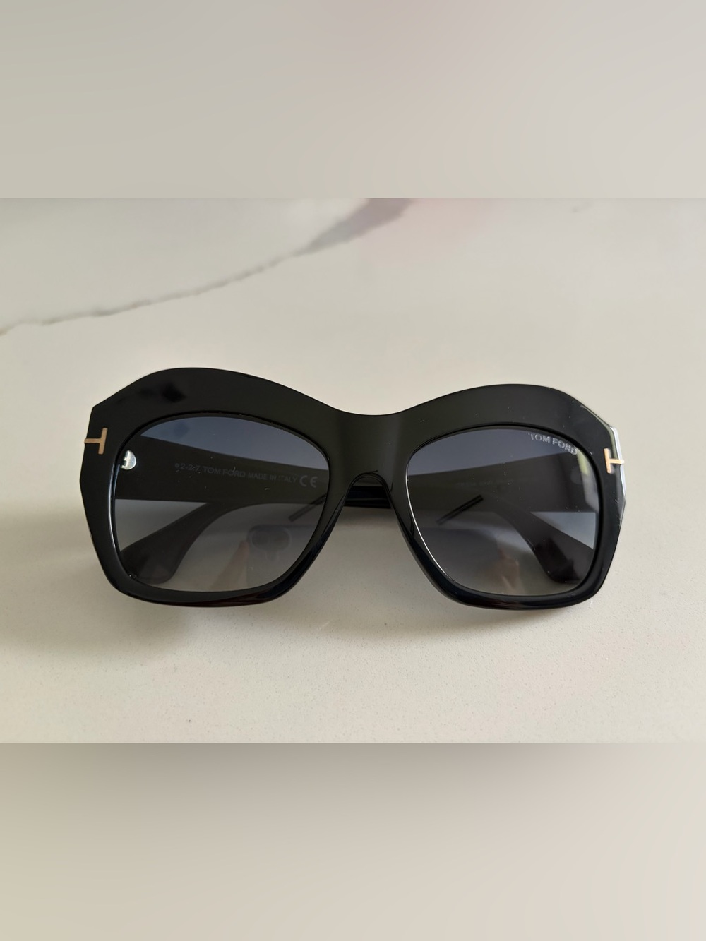 Tom Ford Glossy Black Oversized Women's Sunglasses with Gold T Accents